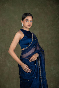Navy Blue Organza Saree for wedding and festive wear