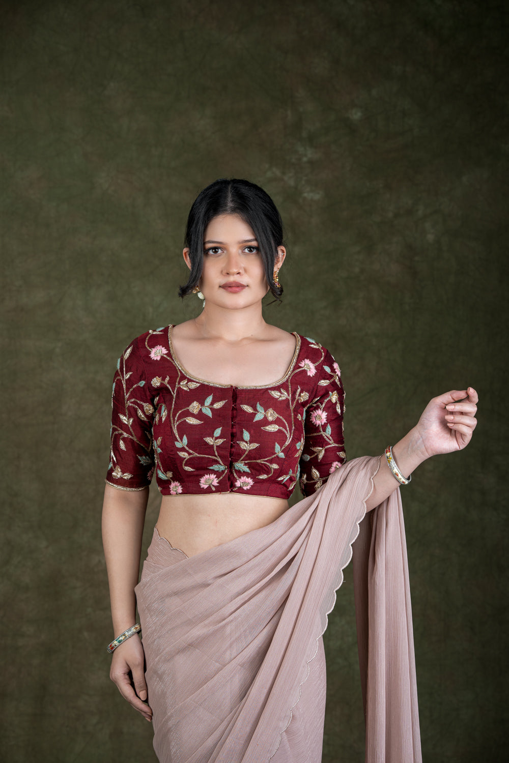 Maroon Raw Silk Blouse with zardosi and thread Embroidery