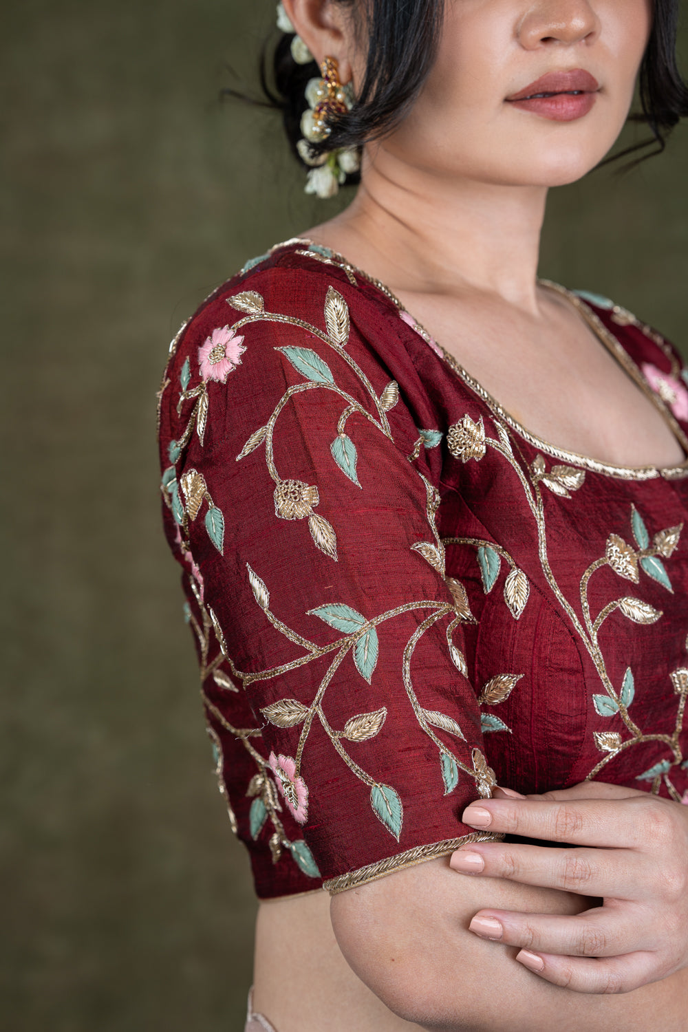 Maroon Raw Silk Blouse with zardosi and thread Embroidery