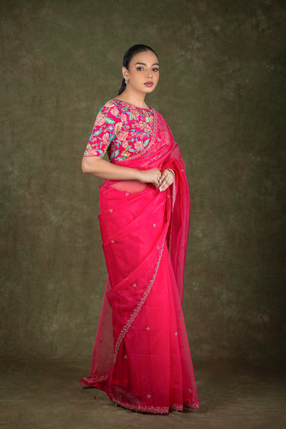 Pink organza saree set