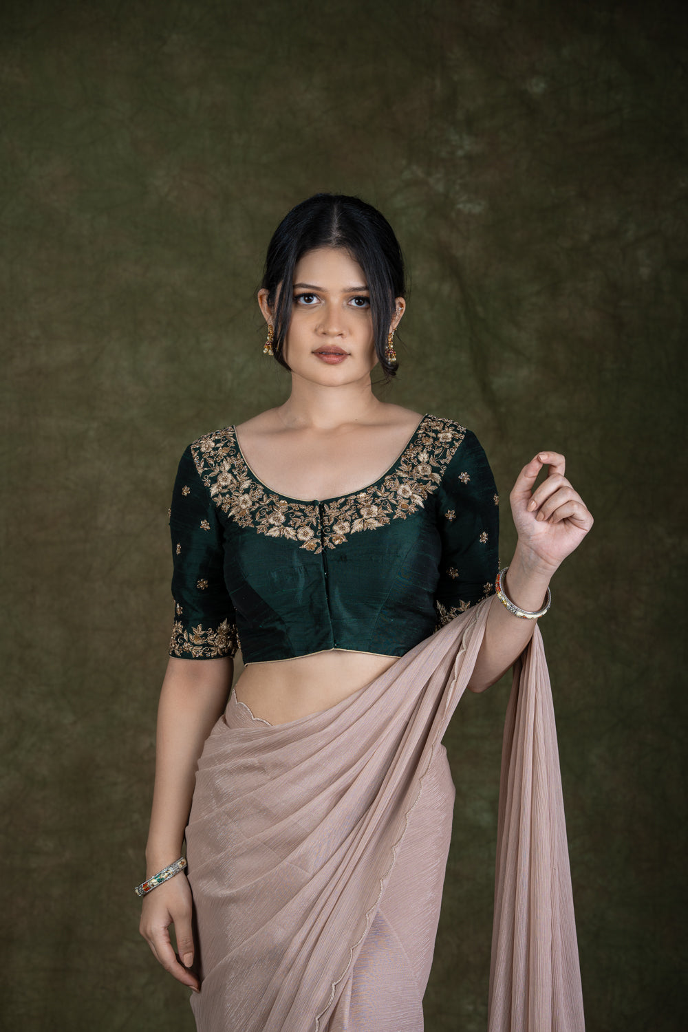 Bottle Green Raw Silk Blouse with Zardosi Embroidery