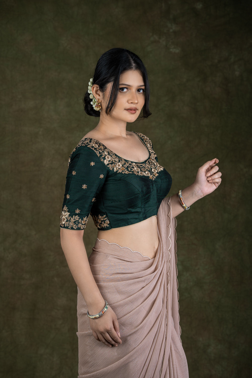 Bottle Green Raw Silk Blouse with Zardosi Embroidery