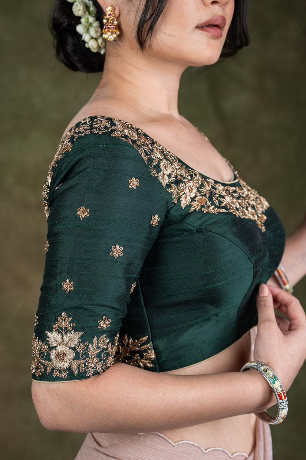 Bottle Green Raw Silk Blouse with Zardosi Embroidery