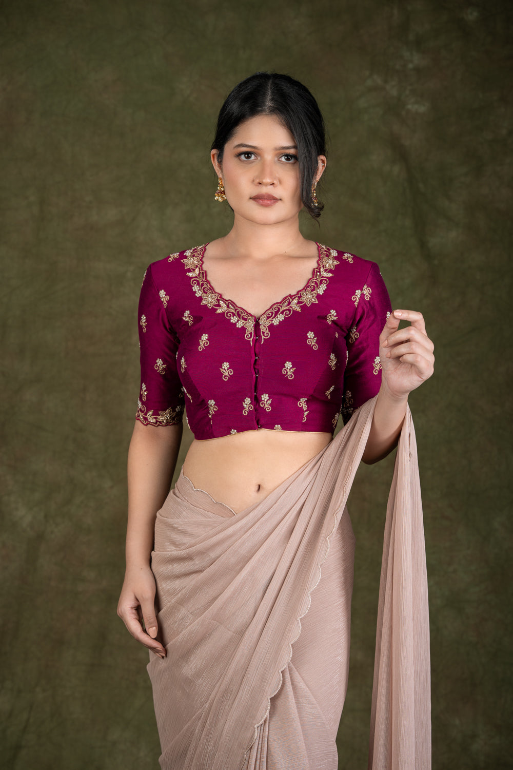 Wine Pink Raw Silk Blouse with Zardosi Embroidery