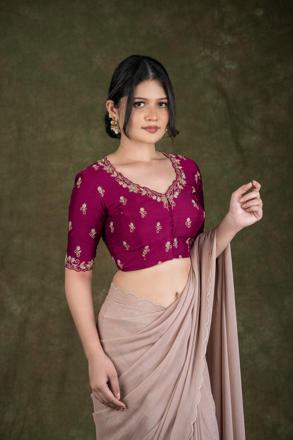 Wine Pink Raw Silk Blouse with Zardosi Embroidery