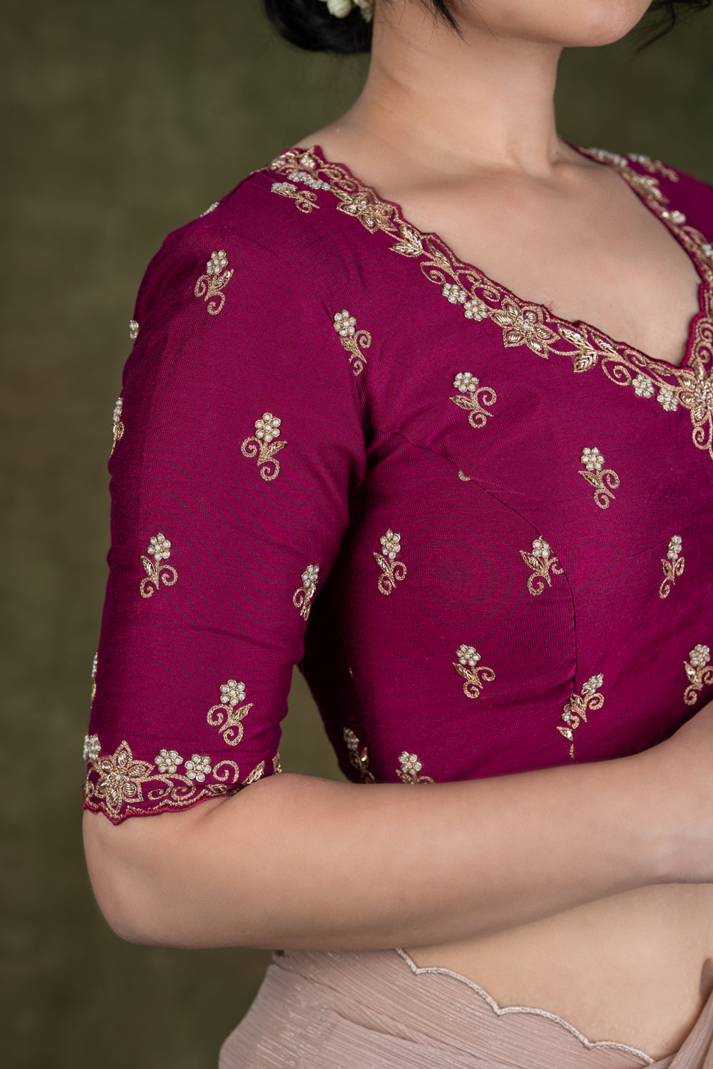 Wine Pink Raw Silk Blouse with Zardosi Embroidery