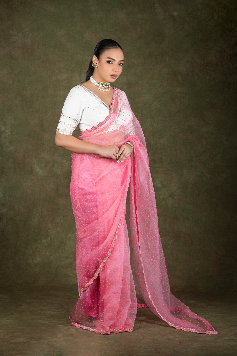 Pink organza saree set