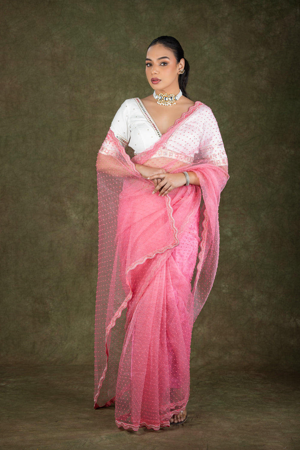 Pink organza saree set