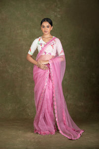 Onion Pink Organza Saree set for wedding and festive wear