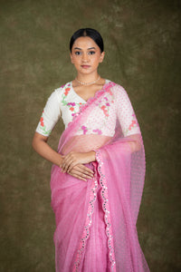 Onion Pink Organza Saree set for wedding and festive wear