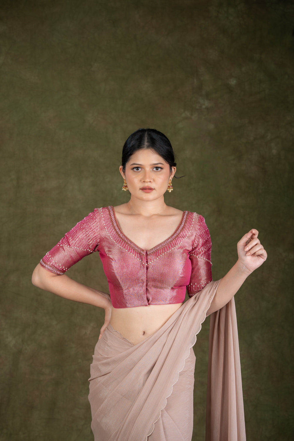 Pink Tissue Blouse with Bead Work