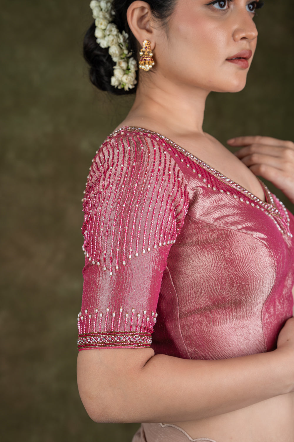 Pink Tissue Blouse with Bead Work