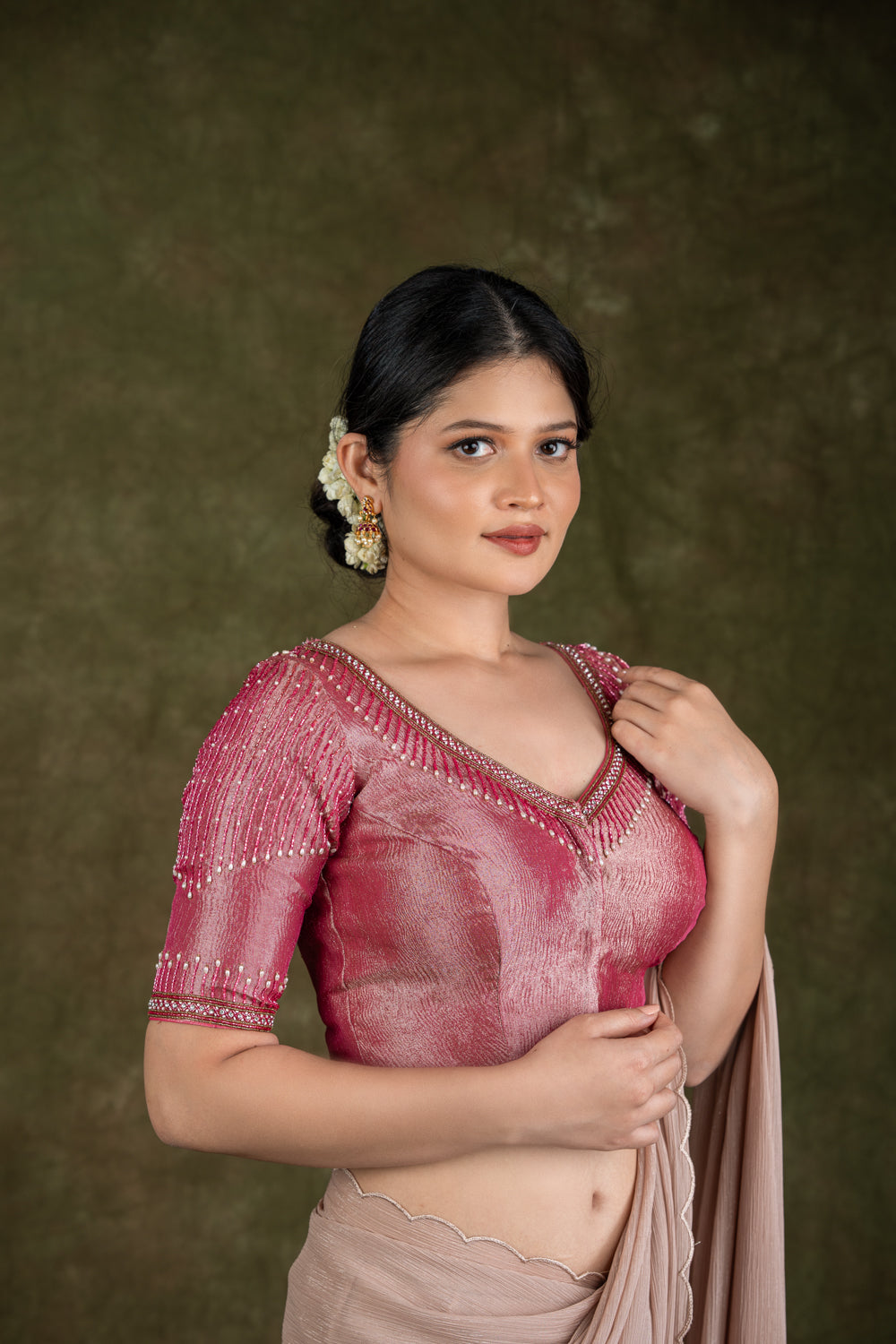 Pink Tissue Blouse with Bead Work