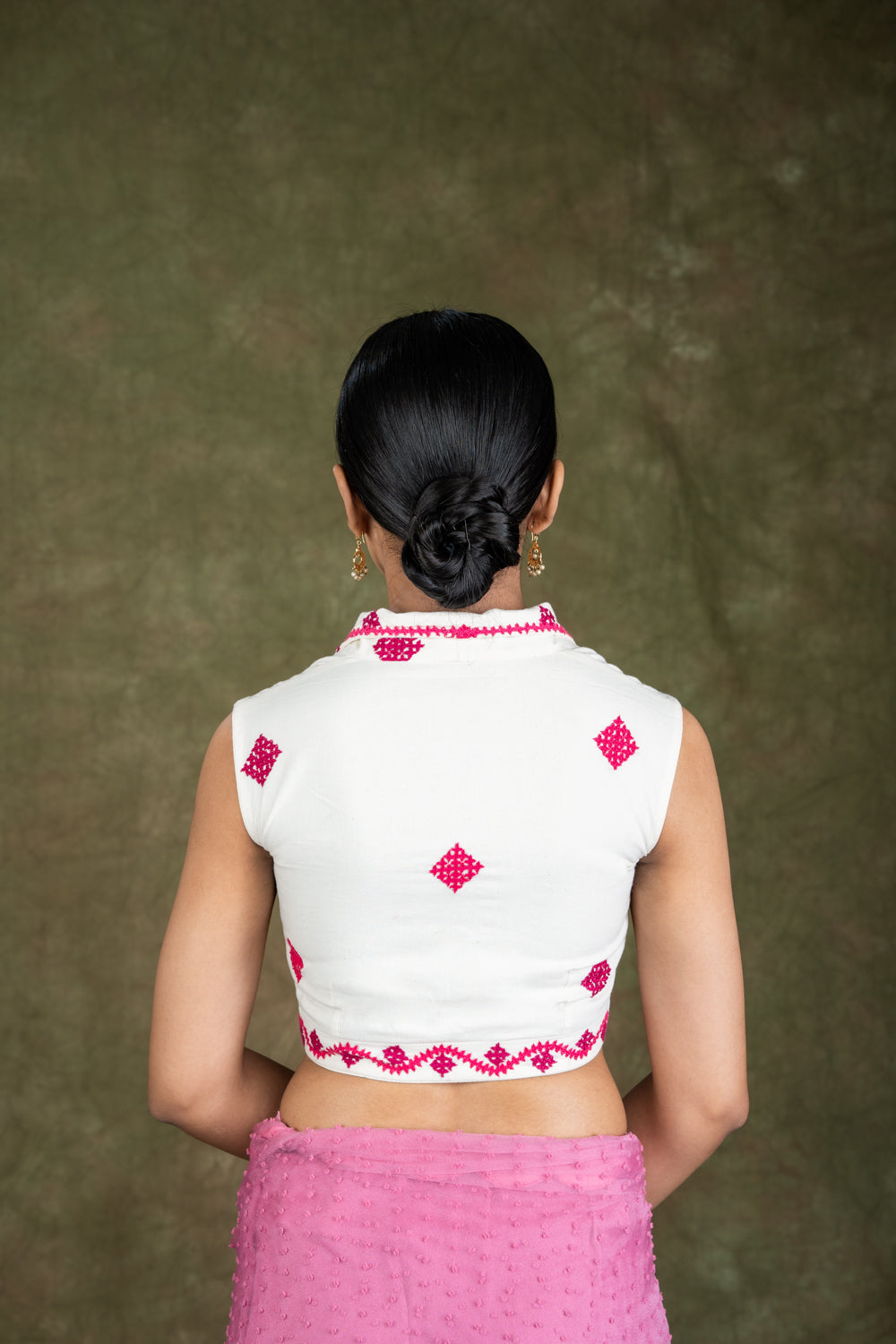 White Cotton Sleeveless Blouse with pink Kutch work Blouse