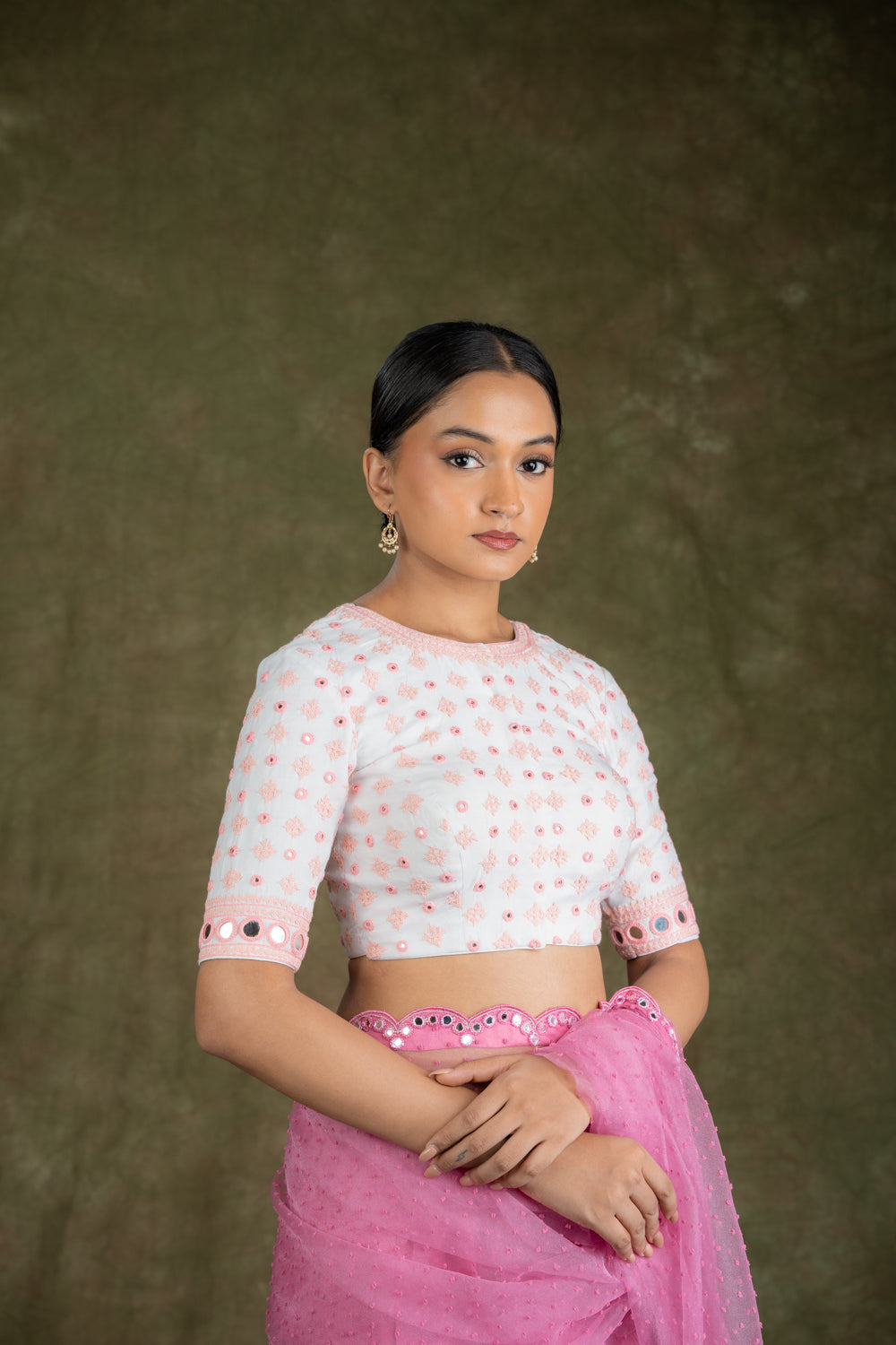 Cream Cotton Kutch work Blouse with Peach Thread