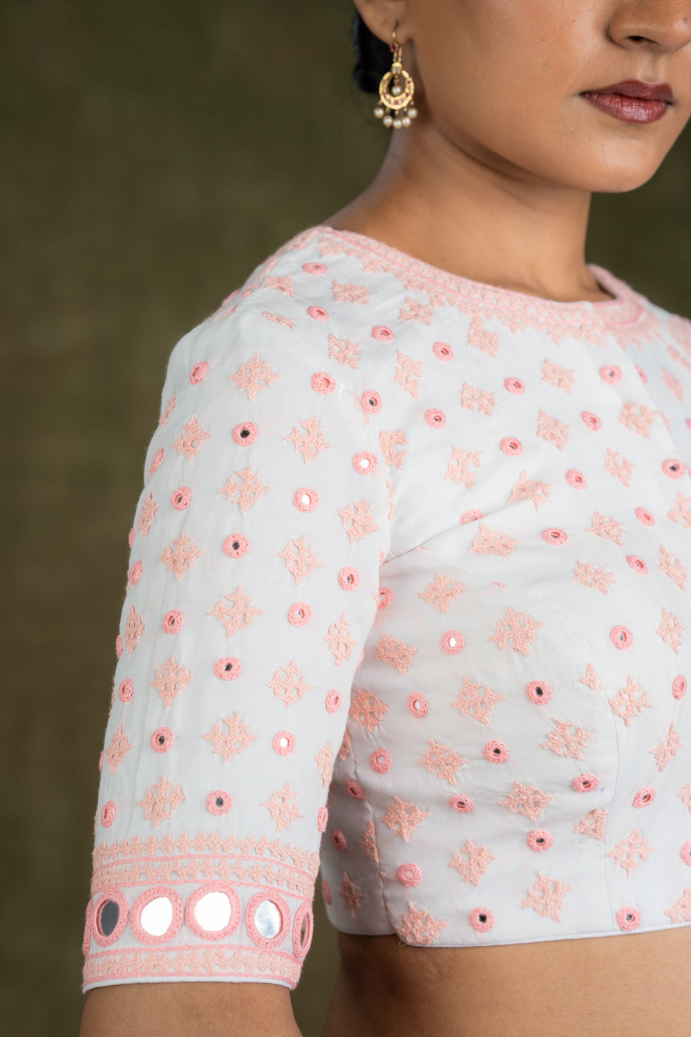 Cream Cotton Kutch work Blouse with Peach Thread