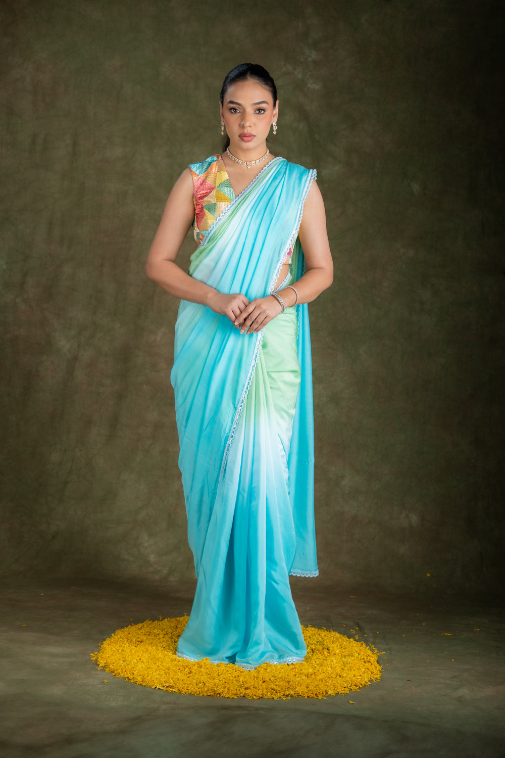 Green-yellow silk saree set