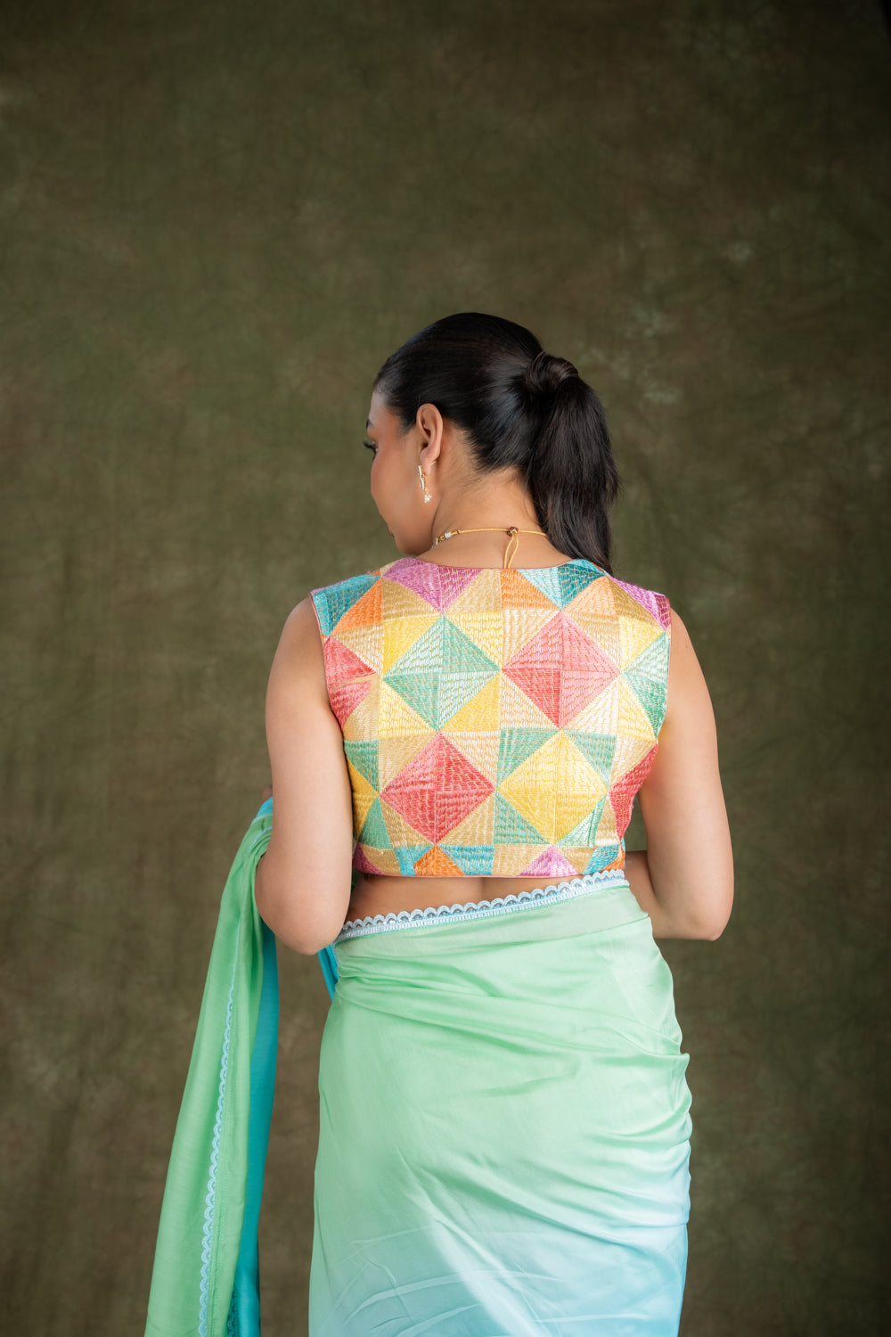 Green-yellow silk saree set