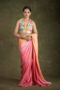 Peach and Pink silk saree set for wedding and festive wear