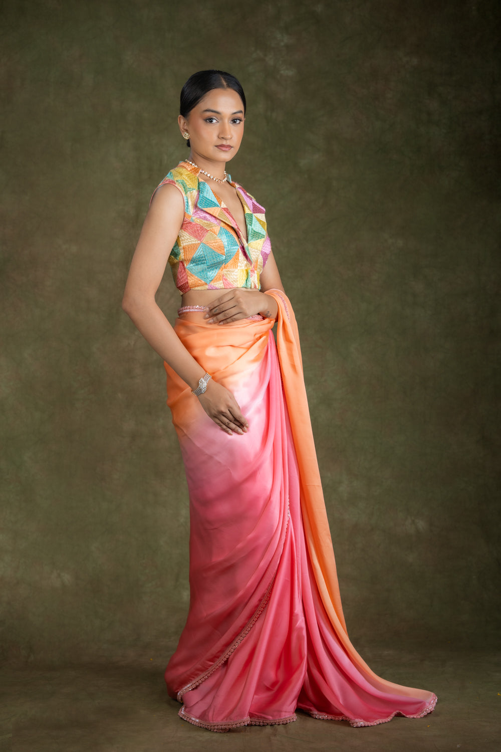 Peach and Pink silk saree set