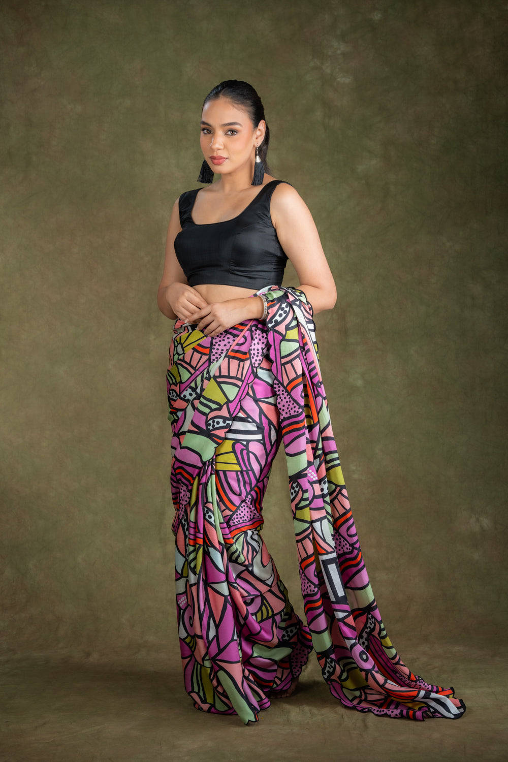 Multi-Color Abstract print saree set