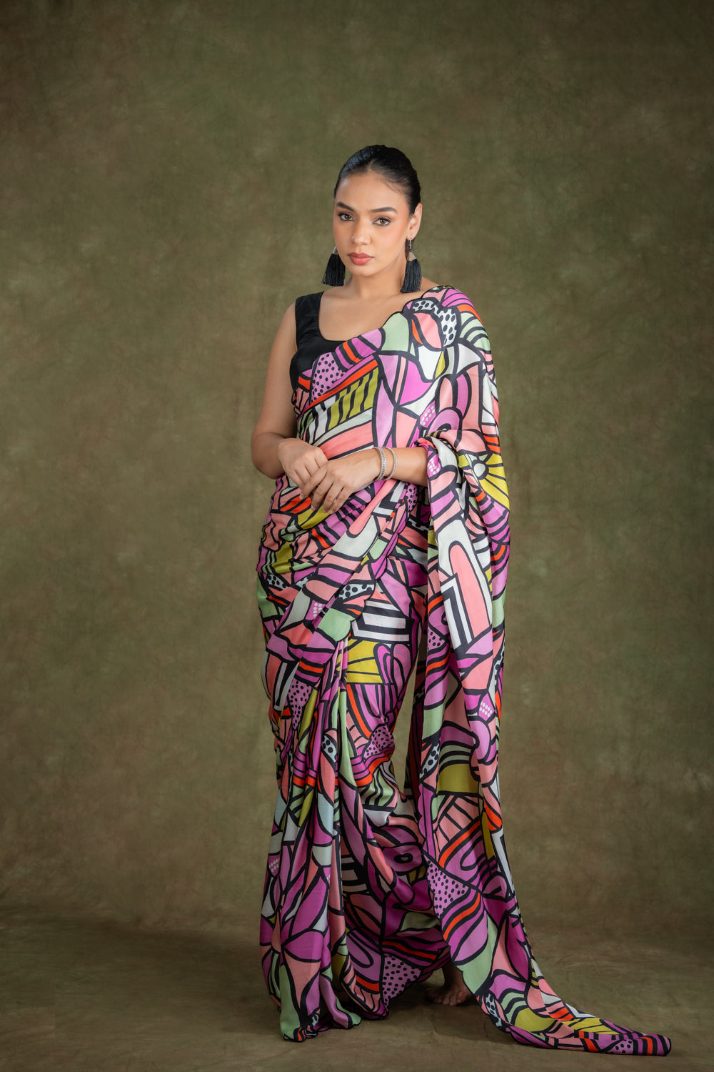 Multi-Color Abstract print saree set