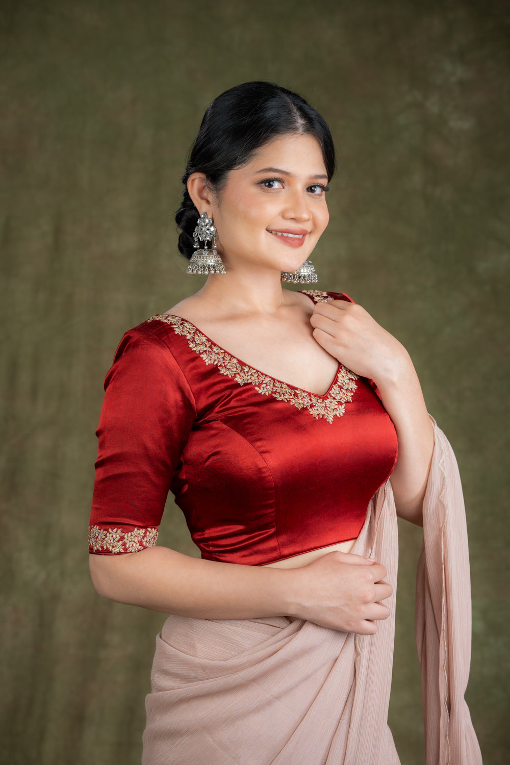 Red Mashru Blouse with Machine Embroidery