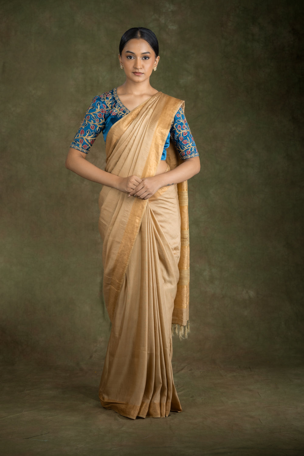 Beige Muga Silk Saree set