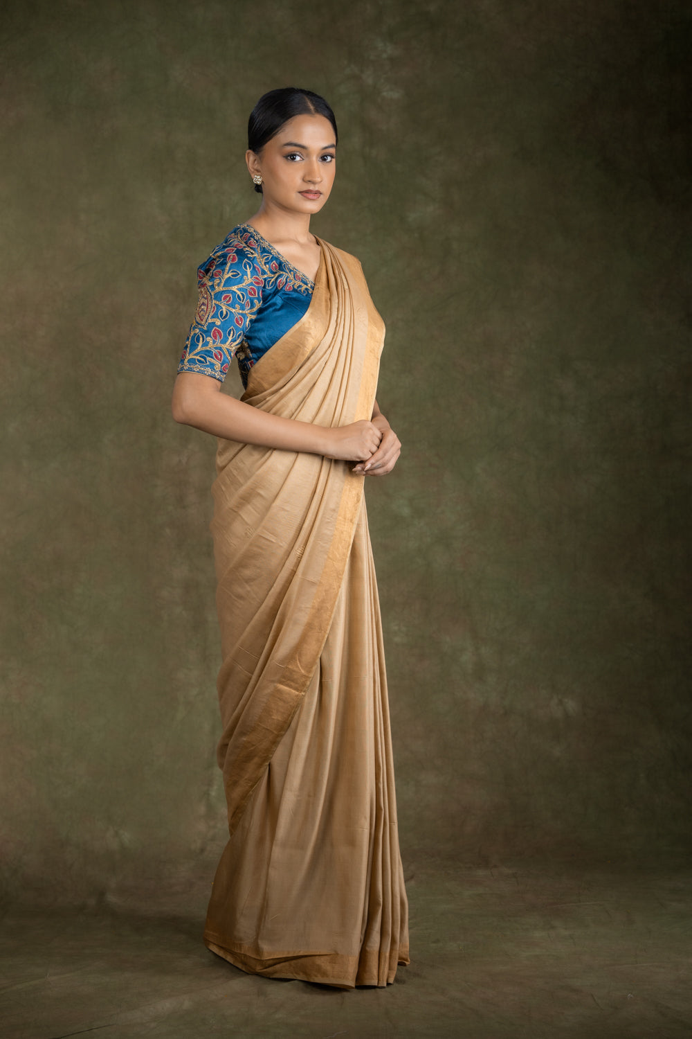 Beige Muga Silk Saree set