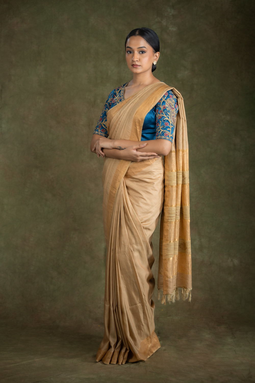 Beige Muga Silk Saree set