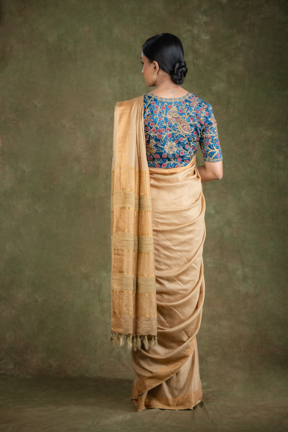 Beige Muga Silk Saree set