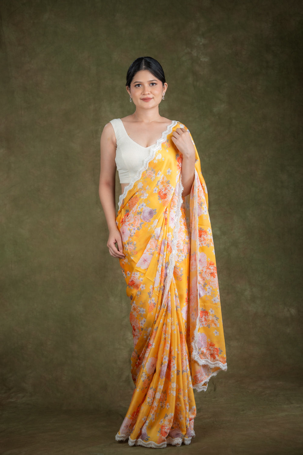 Yellow printed satin saree set