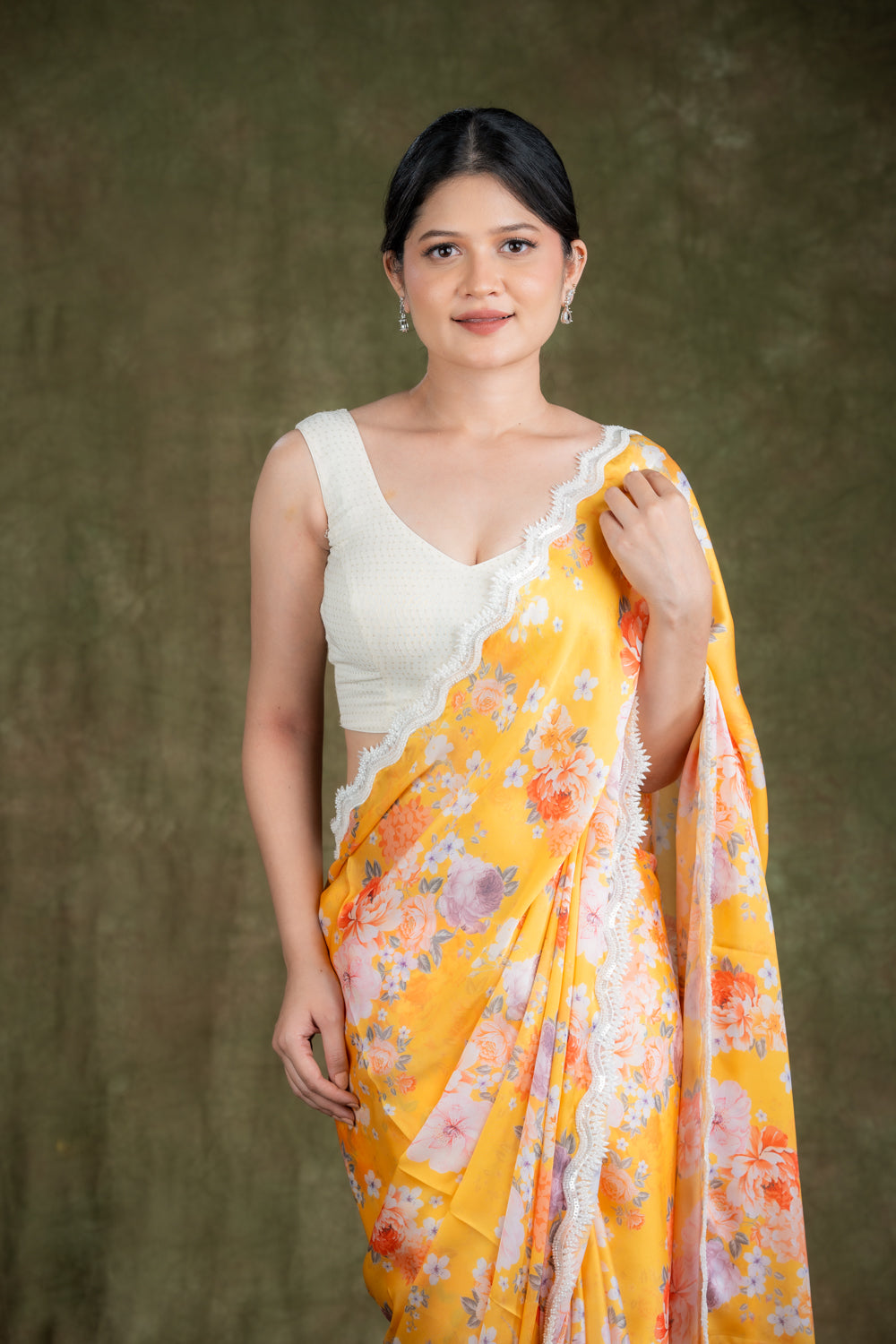 Yellow printed satin saree set