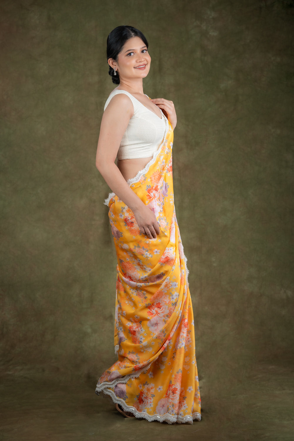 Yellow printed satin saree set