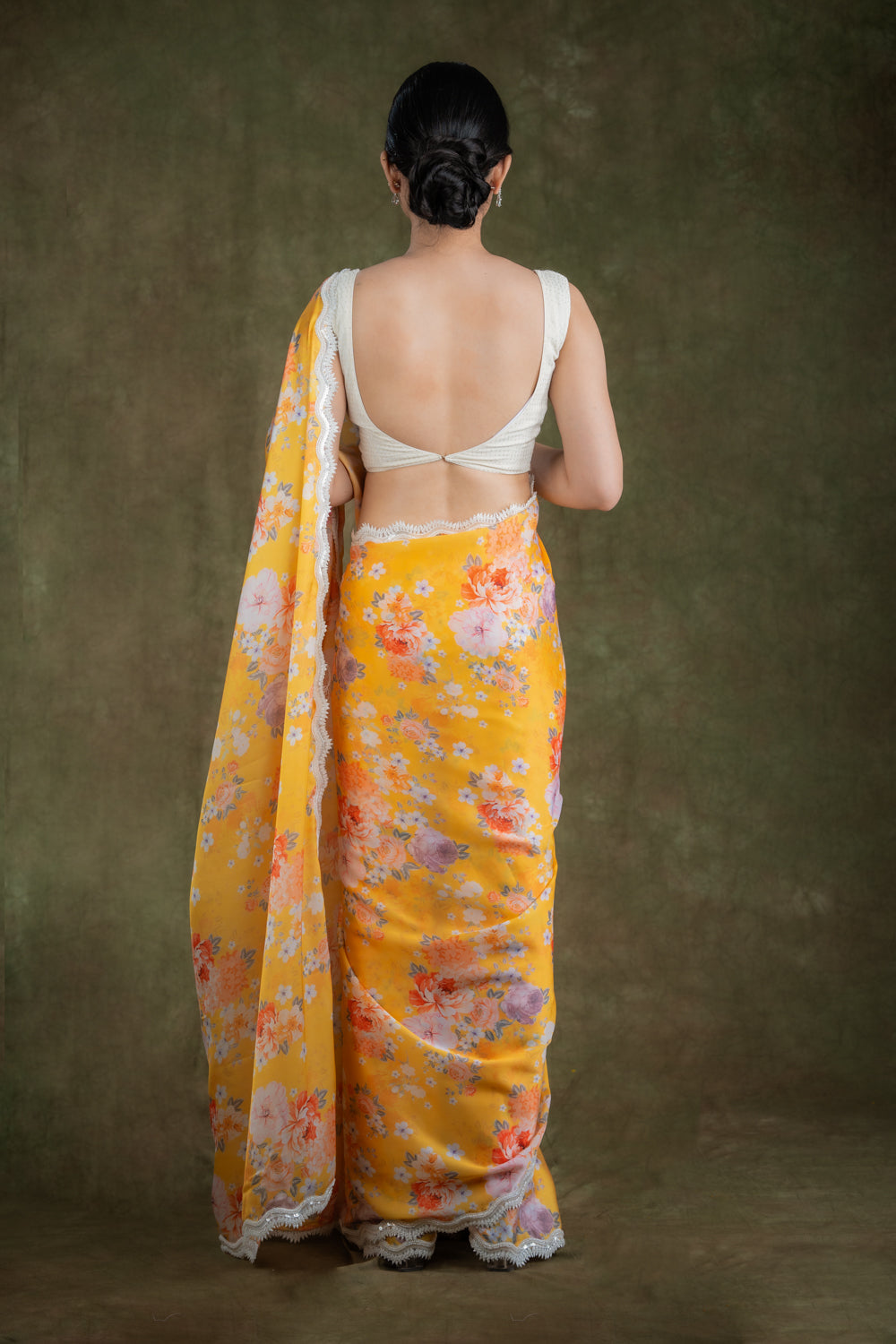 Yellow printed satin saree set