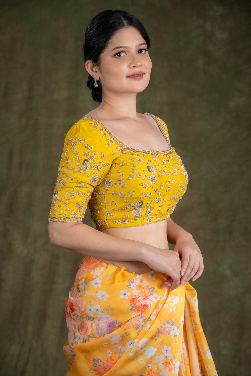 Yellow Raw Silk Hand Embroidered Blouse