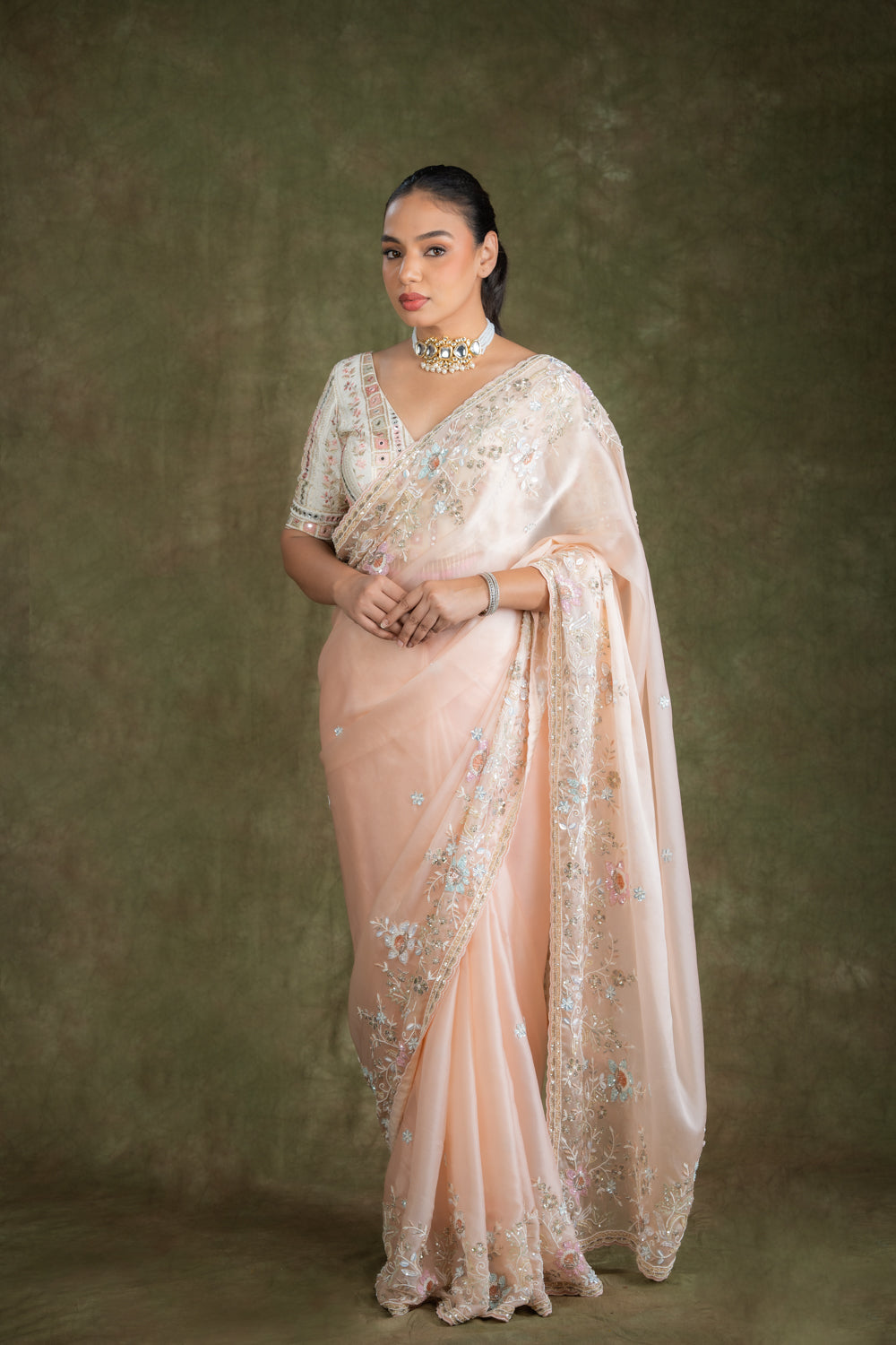 Peach Tissue Organza Saree Set