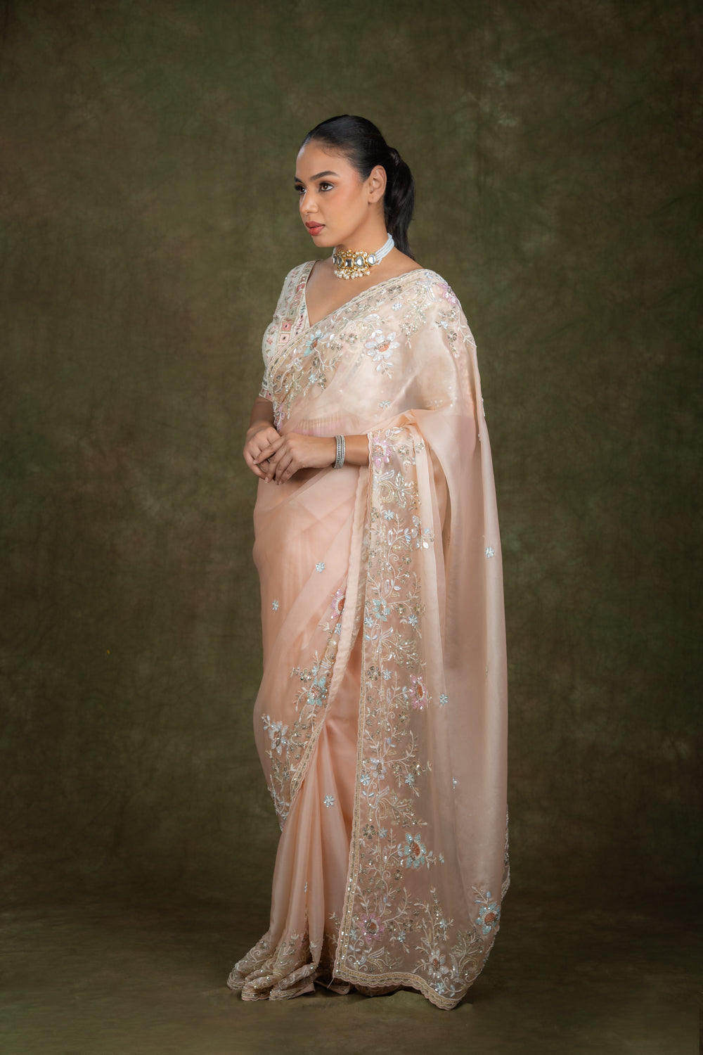 Peach Tissue Organza Saree Set