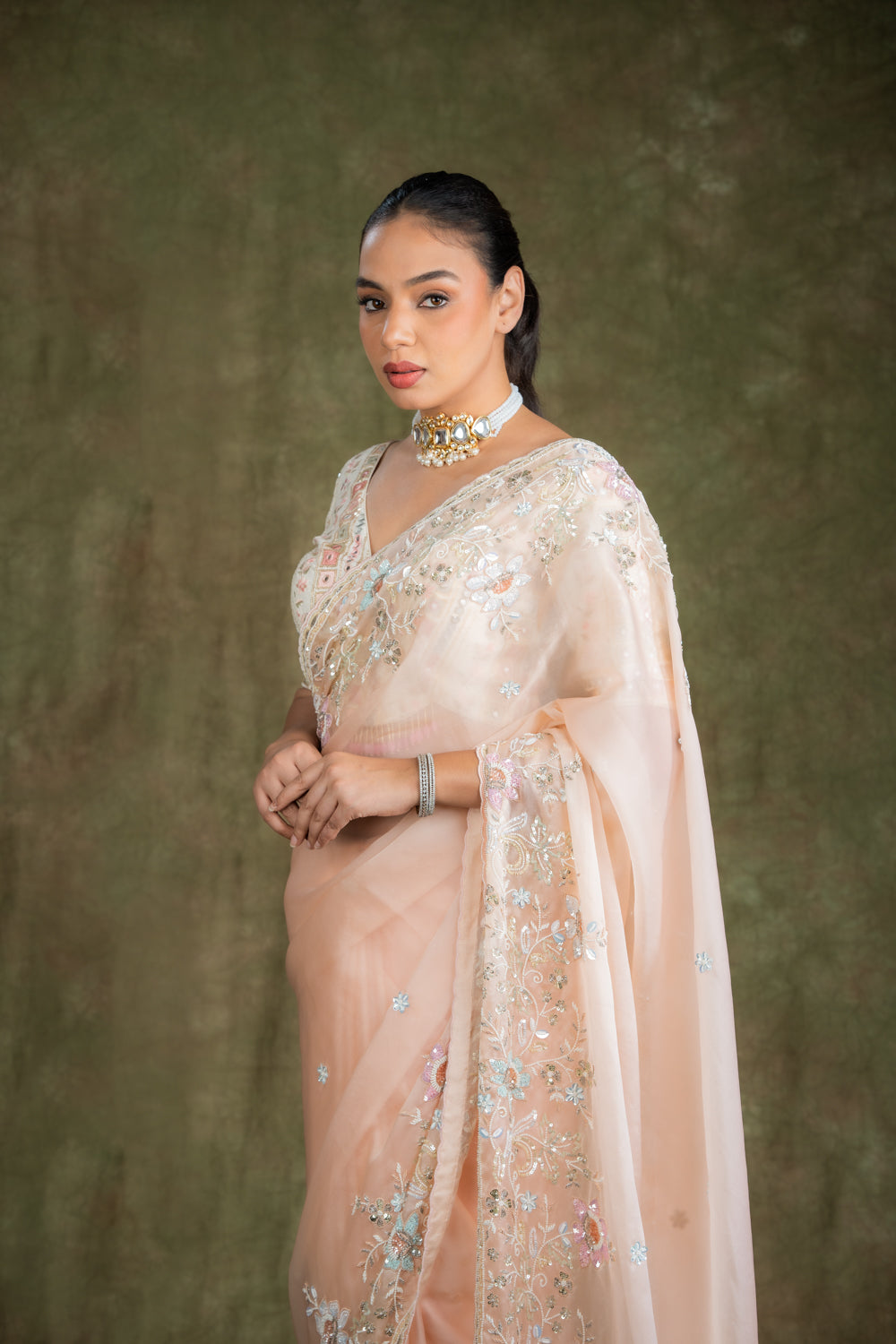 Peach Tissue Organza Saree Set