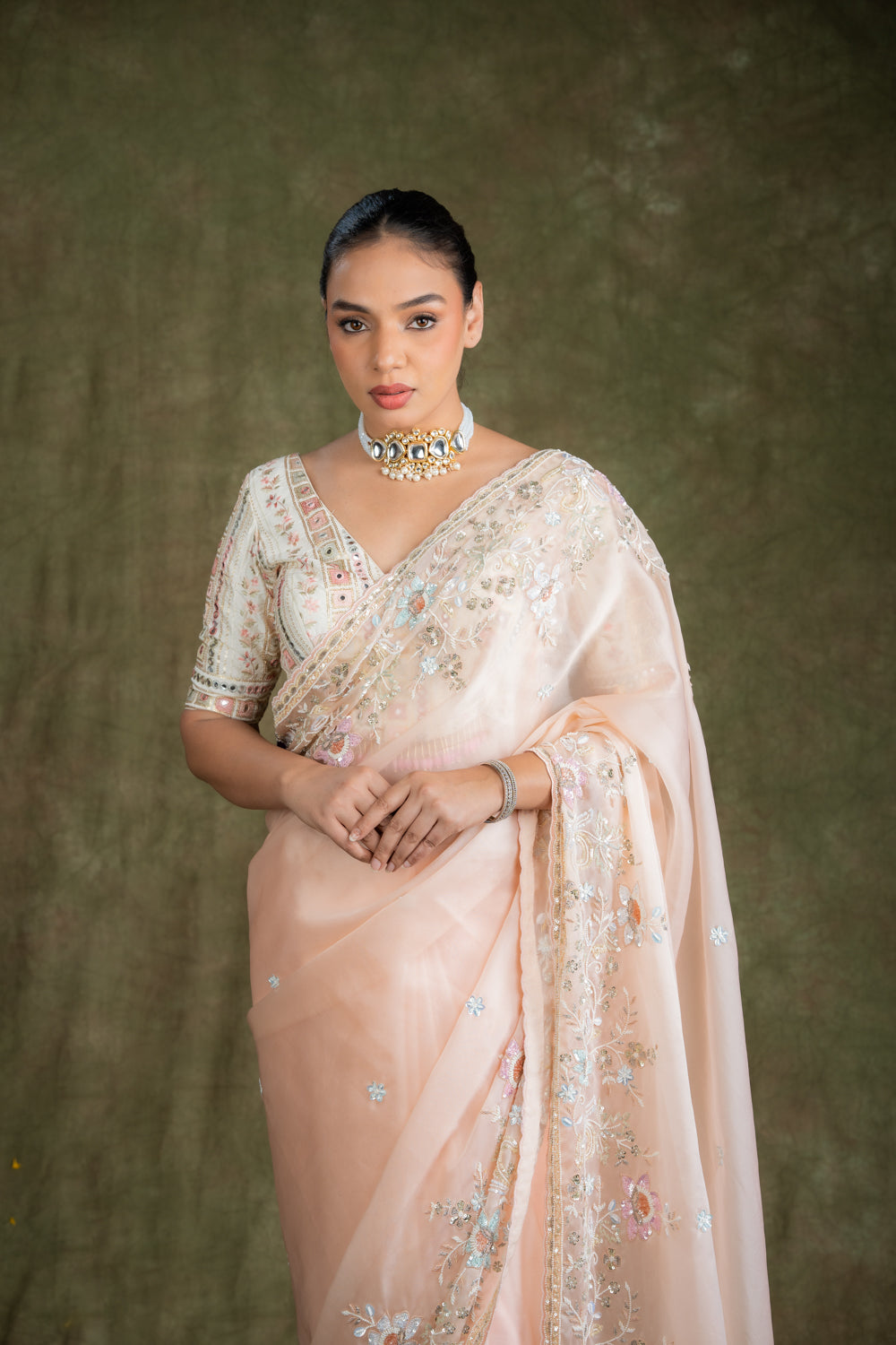 Peach Tissue Organza Saree Set