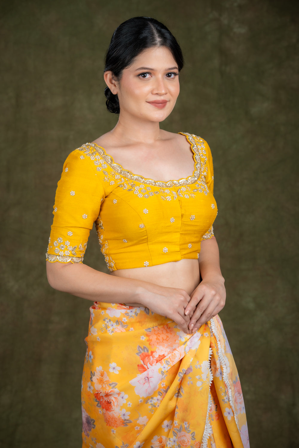 Yellow Raw Silk Blouse with zardosi and Pearl Embroidery