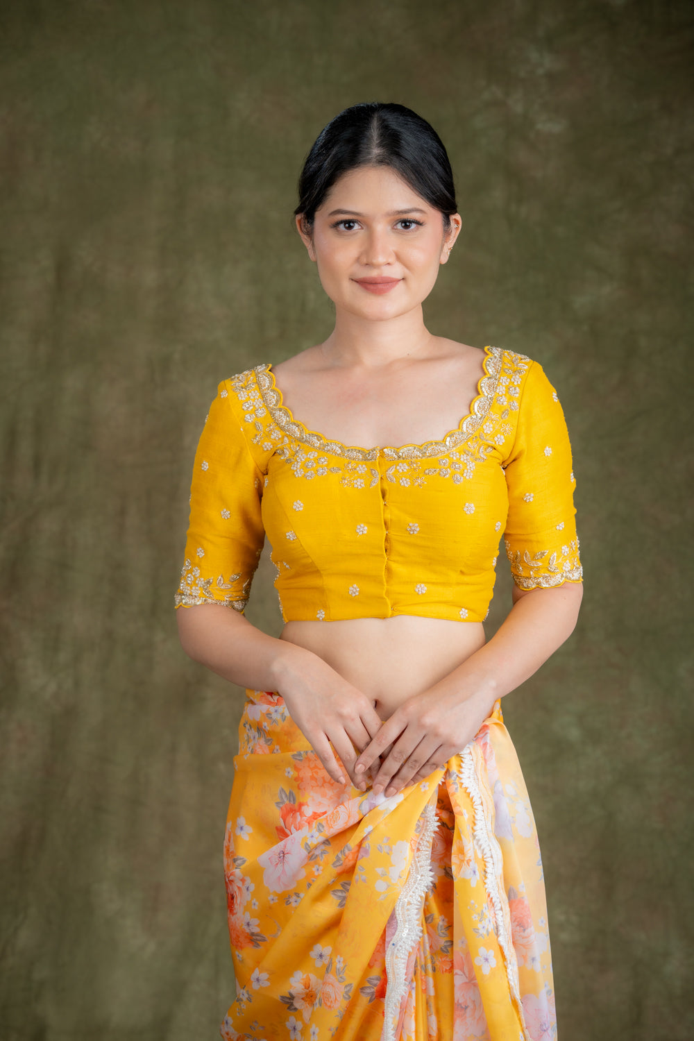 Yellow Raw Silk Blouse with zardosi and Pearl Embroidery