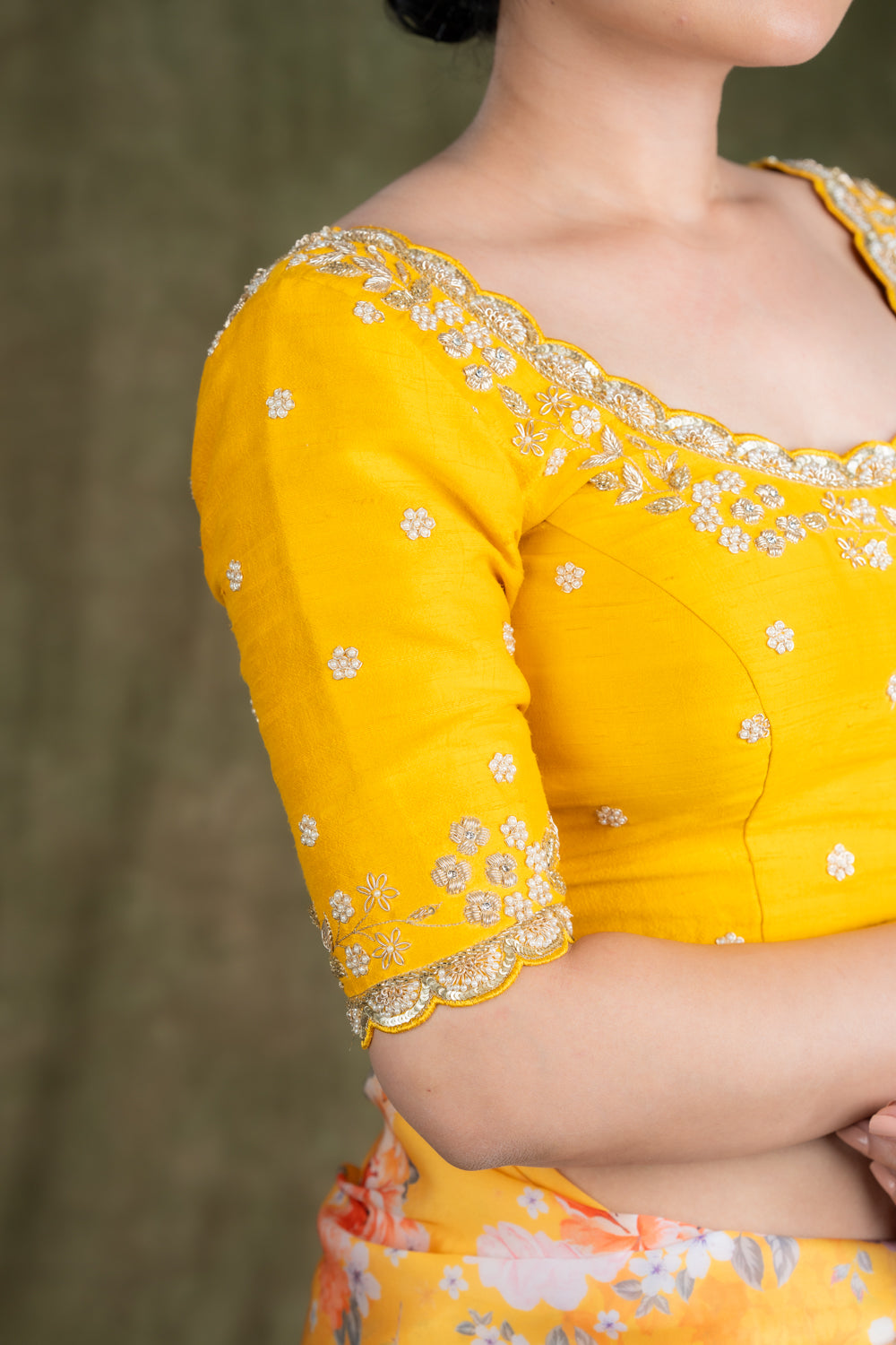 Yellow Raw Silk Blouse with zardosi and Pearl Embroidery