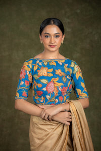 Blue Floral Printed cutwork Blouse for wedding and festive wear