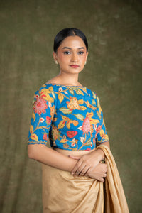 Blue Floral Printed cutwork Blouse for wedding and festive wear