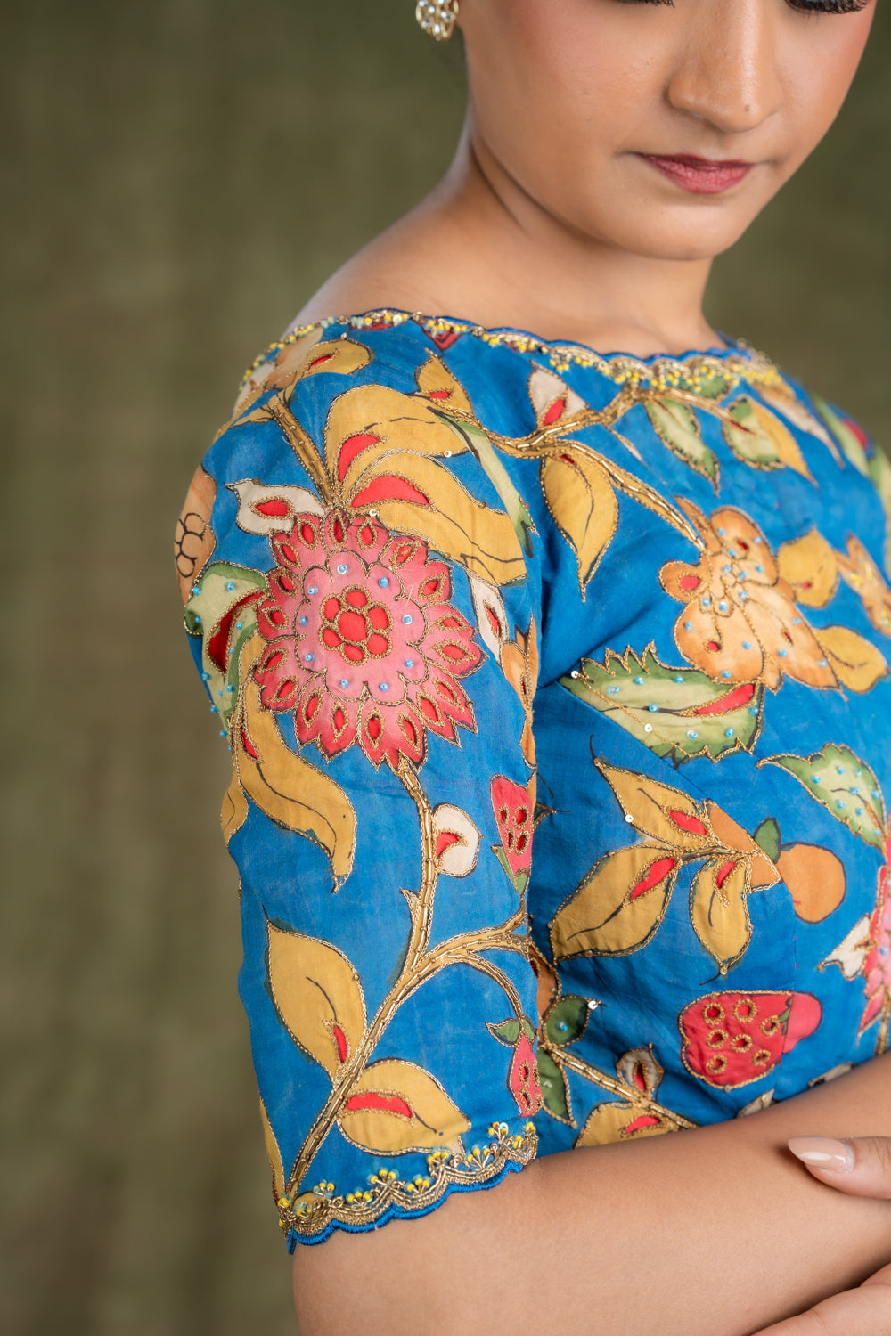 Blue Floral Printed cutwork Blouse