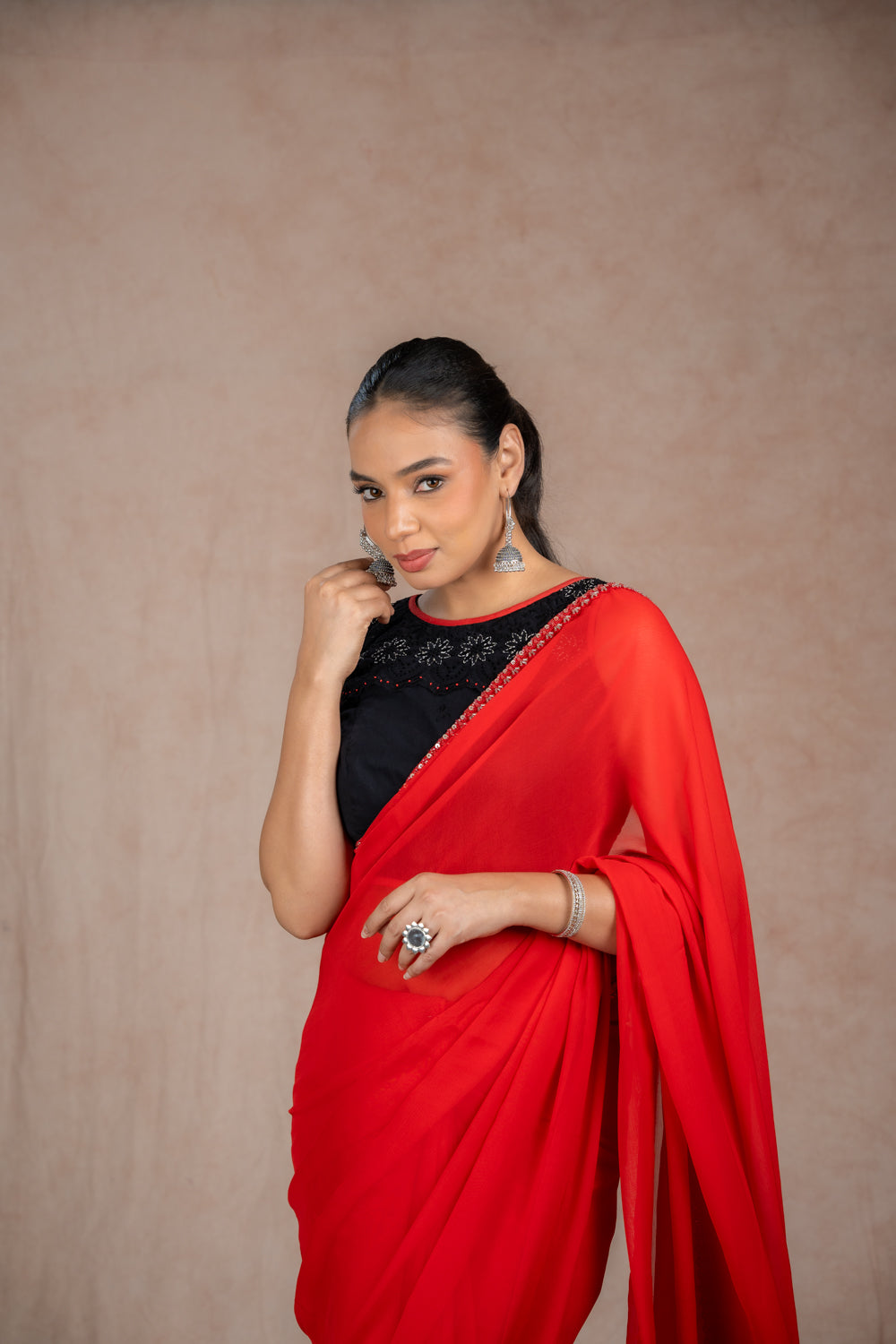 Red chiffon saree set