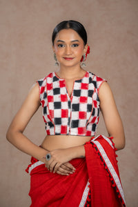 Black and Red Double Ikkat Sleeveless Blouse for wedding and festive wear