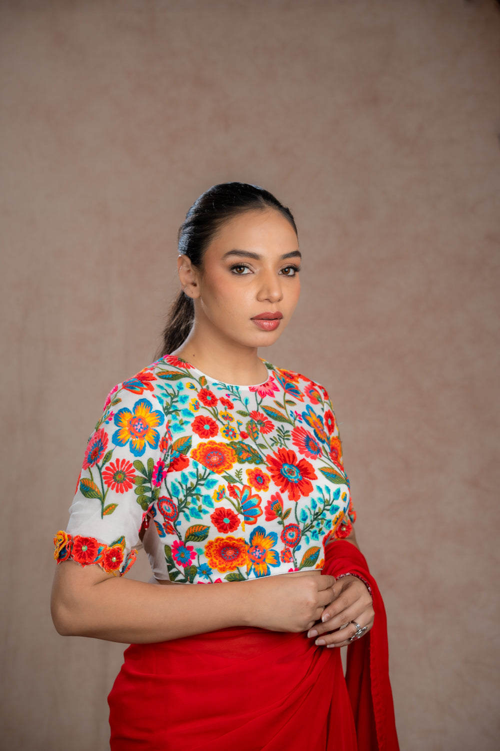 Cream Blouse with Multi-color Thread Work