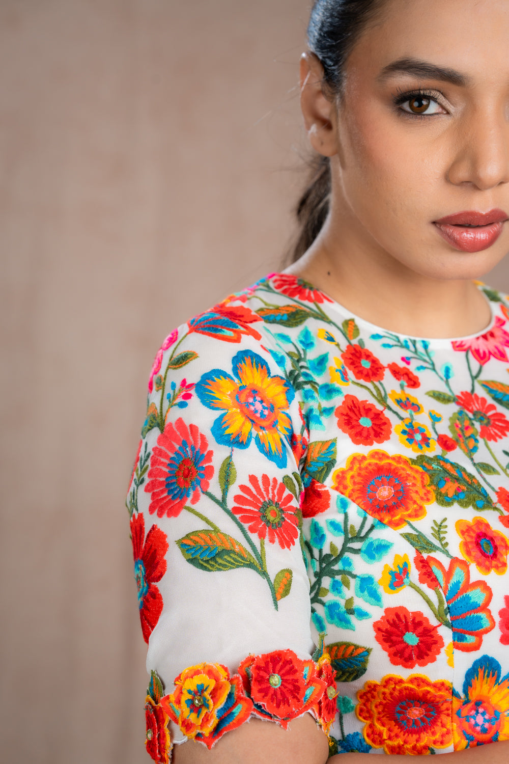 Cream Blouse with Multi-color Thread Work